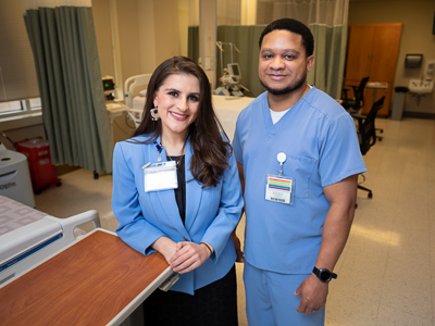 Shelby McNair, a nurse in the UMMC Cancer Institute's Bone Marrow Transplant unit, chats with Dorothea Staursky who recently donated stem cells. Staursky signed up at the Associated Student Body annual Be the Match drive.